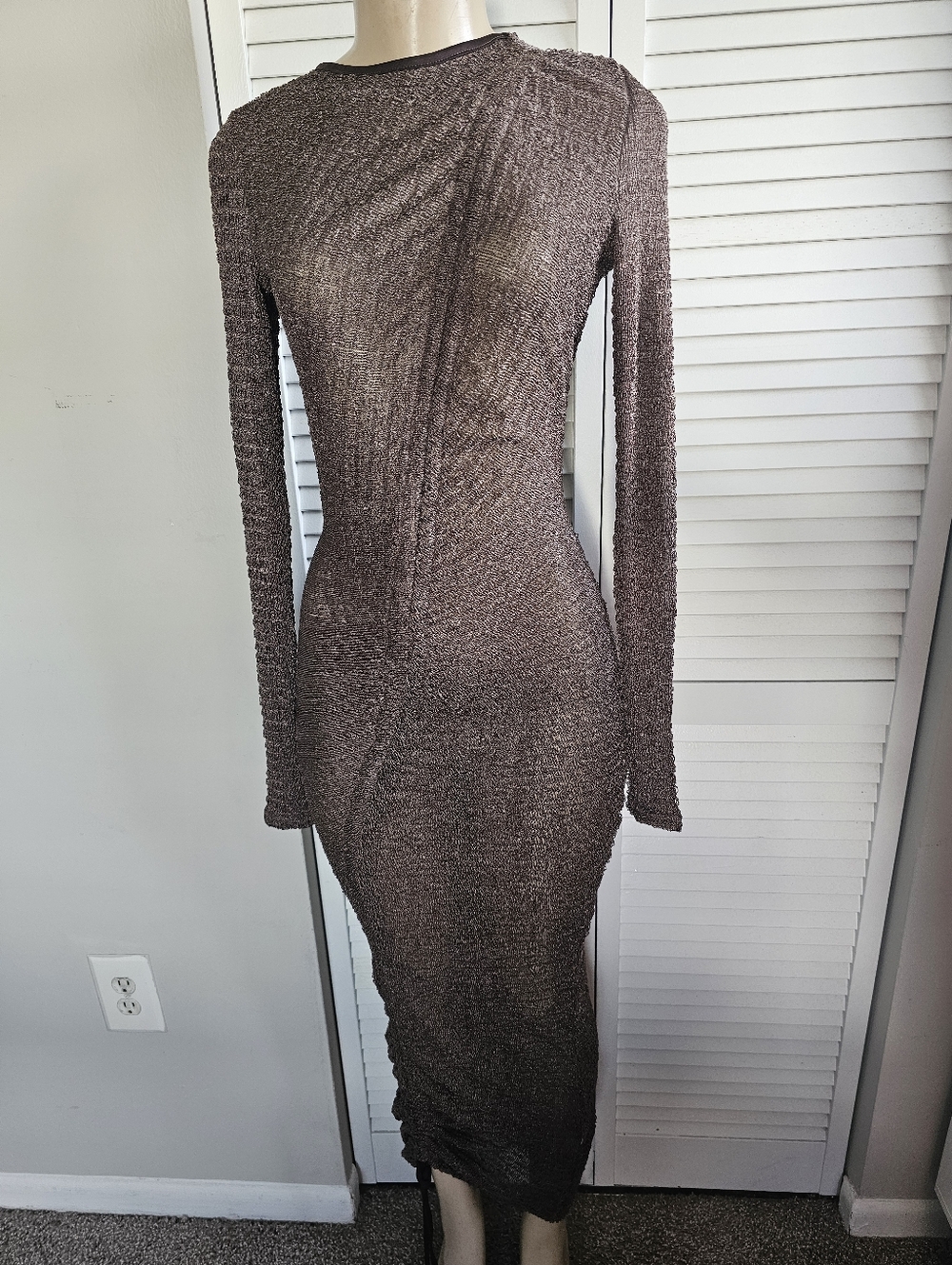 Pretty Little Thing Long Sleeve Metallic Knit Bodycon Dress - Brown